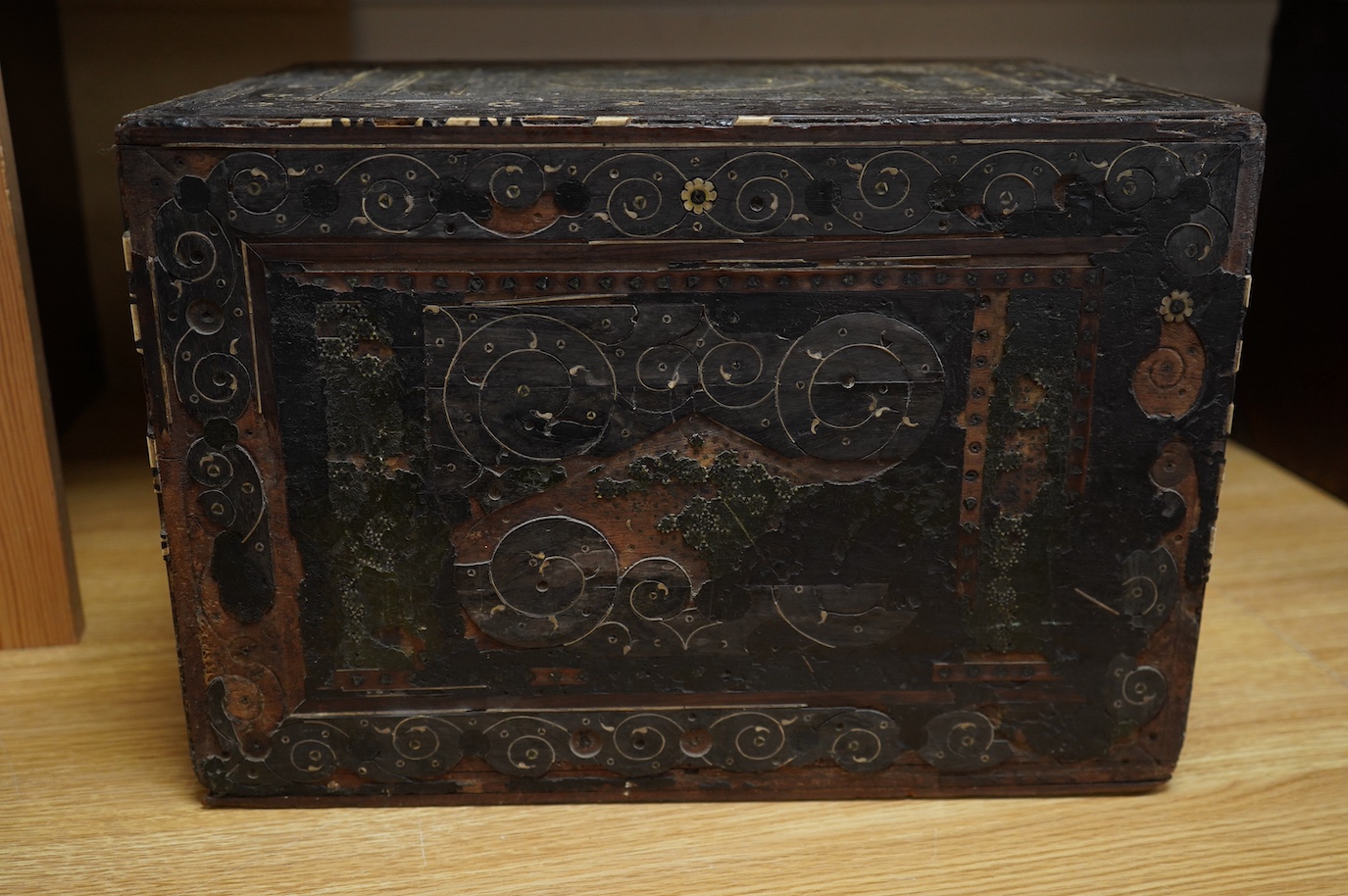 An early 17th century Indo-Portuguese ivory inlaid table cabinet, Gujarat, 29cm high. Condition - poor, losses CITES Submission reference 3XBFQXPT